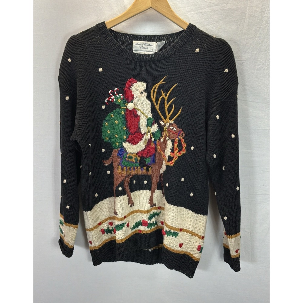 Vtg Marisa Christina Hand Knitted Santa Reindeer Christmas Sweater Women XL Blue